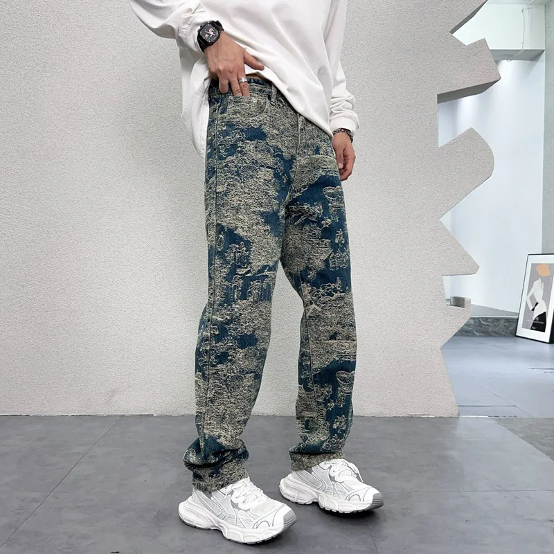 

2024 Autumn Retro Personalized Design Embroidered Jeans Men's Fashion Street Hip Hop Loose Straight Wide Leg Casual Y2K Trousers