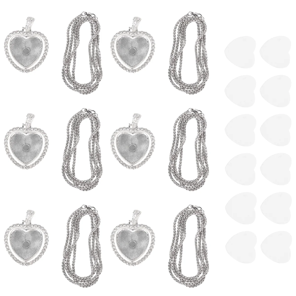 24Pcs Sublimation Rhinestone Trays Pendant Set, 6 Blank Bezel Trays, 6 Pcs Chains with 12 Discs, Heart Style