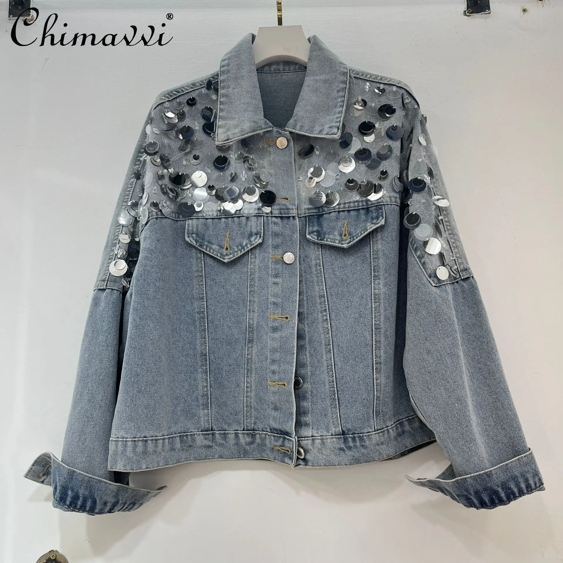 

Женская джинсовая куртка с блестками для тяжелой промышленности, осень 202, повседневная мода, однобортные свободные универсальные пальто с длинными рукавами