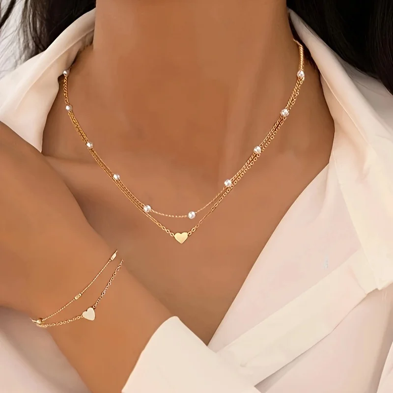 Chic Imitation Pearl Heart Jewelry Set For Women Gold Color Round Beads Necklace Bracelet Set Daily Wear Fashion Collection