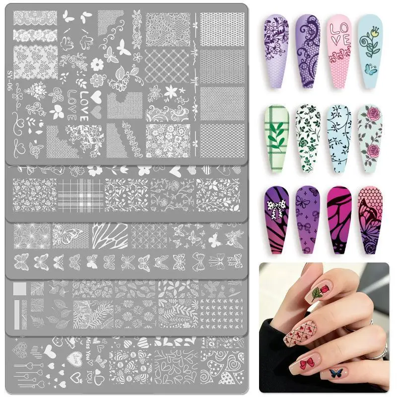 New Reusable Nail Art Transfer Stencil 1Sheet High Precision Etched Bow Flower Lace Checkered Template Manicure Decoration Tool