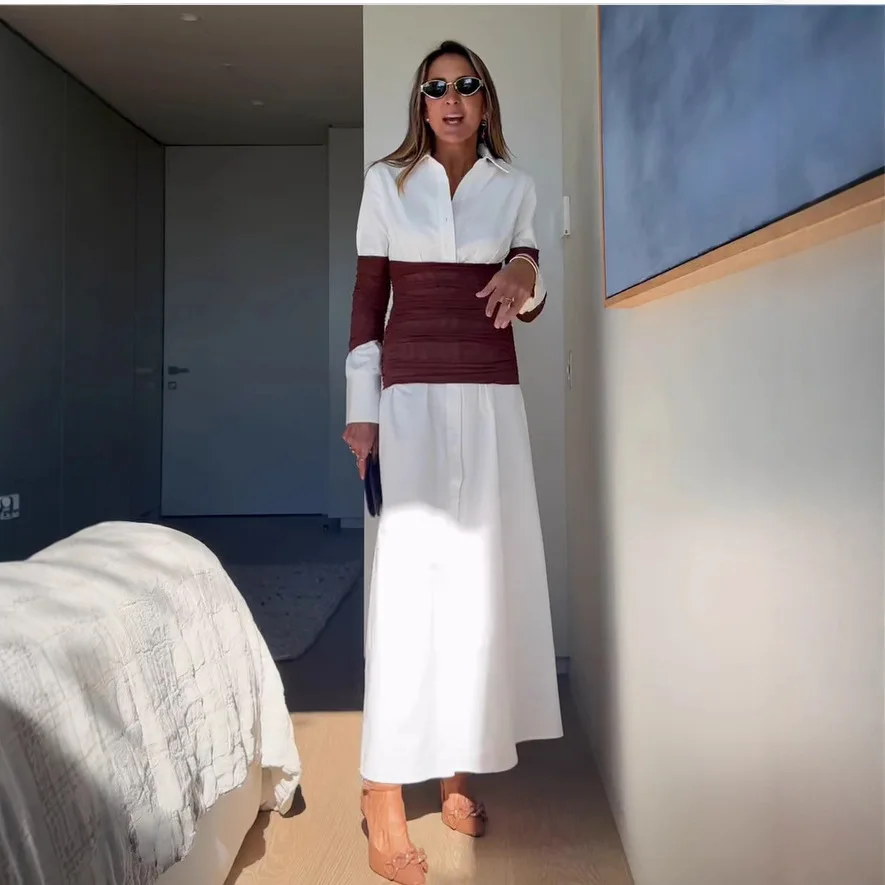 Biało-brązowa koszula z dopasowaniem kolorystycznym, długie sukienki damskie, sukienka z długim rękawem, kołnierzyk, zapinana na jeden guzik, elegancka sukienka do pracy, vestidos.