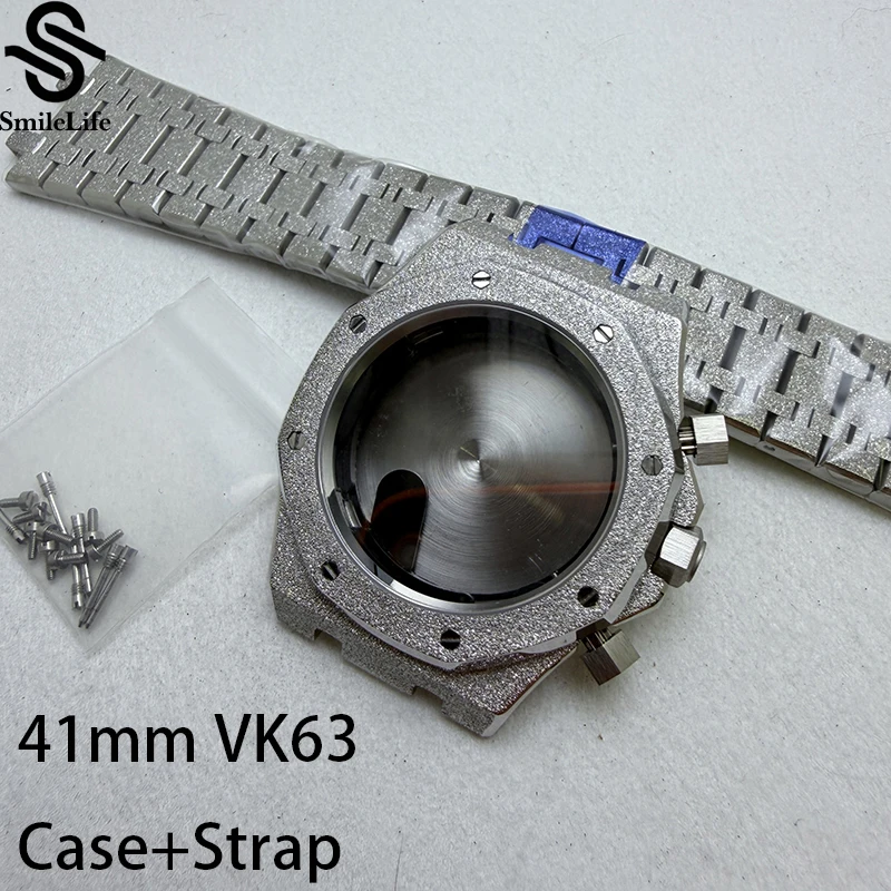 smilelife-vk63-41mm-silver-starry-sanding-watch-case-with-strap-sapphire-crystal-fit-vk63-movement-watch-accessories