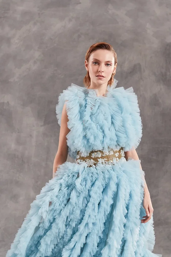Vestidos de festa com babados fofos, apliques em camadas, linha, céu azul, vestidos longos de baile, cintura transparente, novo vestido maxi de alta costura, sem mangas