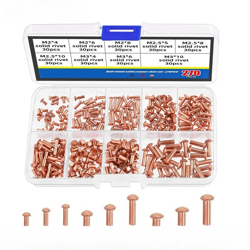 270 pcs copper box with hand tapping flat head solid rivet round head rivet M2 M2.5 M3 copper rivet cap