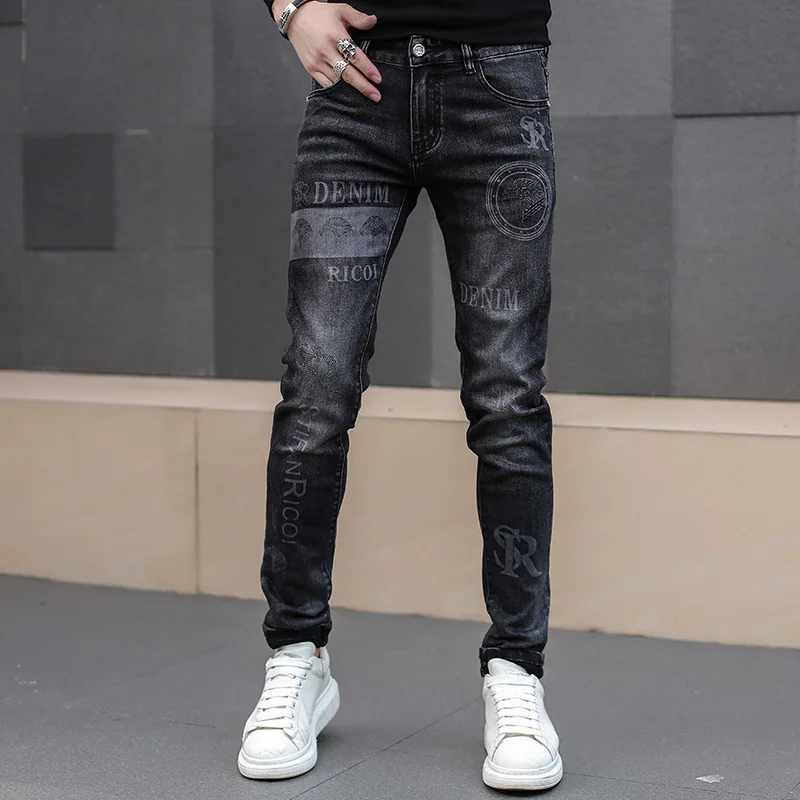 Man\'s Trousers Classic Distinctive Printed Black Stretch Denim Jeans for Men High Quality Slim Fit Stretch Hip Hop Denim Pants