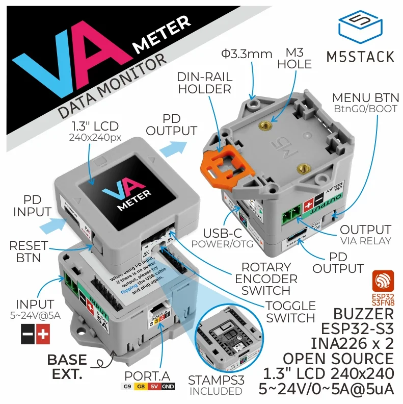 Official M5Stack VA Meter Programmable High Accuracy Power Meter M5StampS3 Voltage and Current Measurement