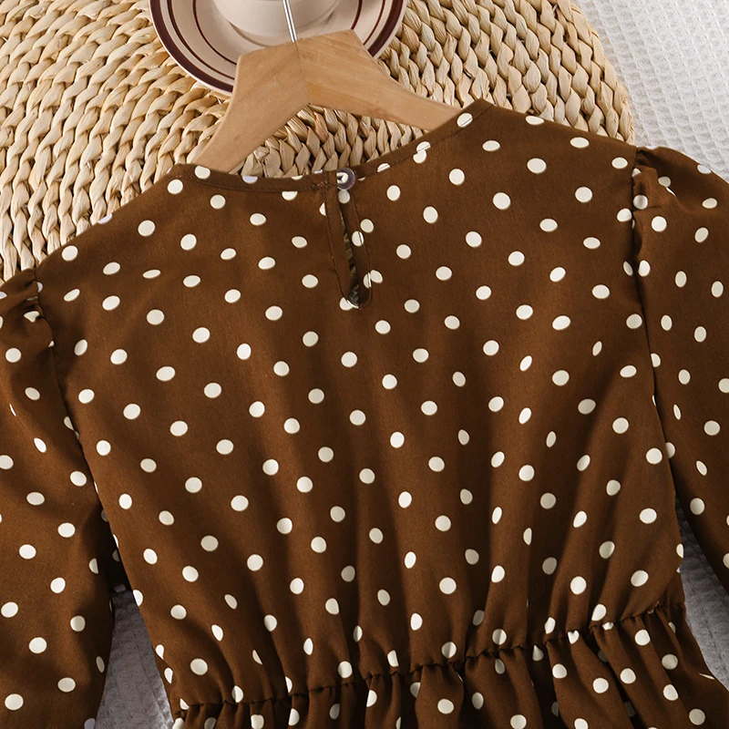 Retro-Freizeitkleid mit Punktemuster für Teenager-Mädchen, Rundhalsausschnitt, Reißverschluss hinten, Laternenärmel, geraffte Taille, Swing-Midikleid – Detail 7
