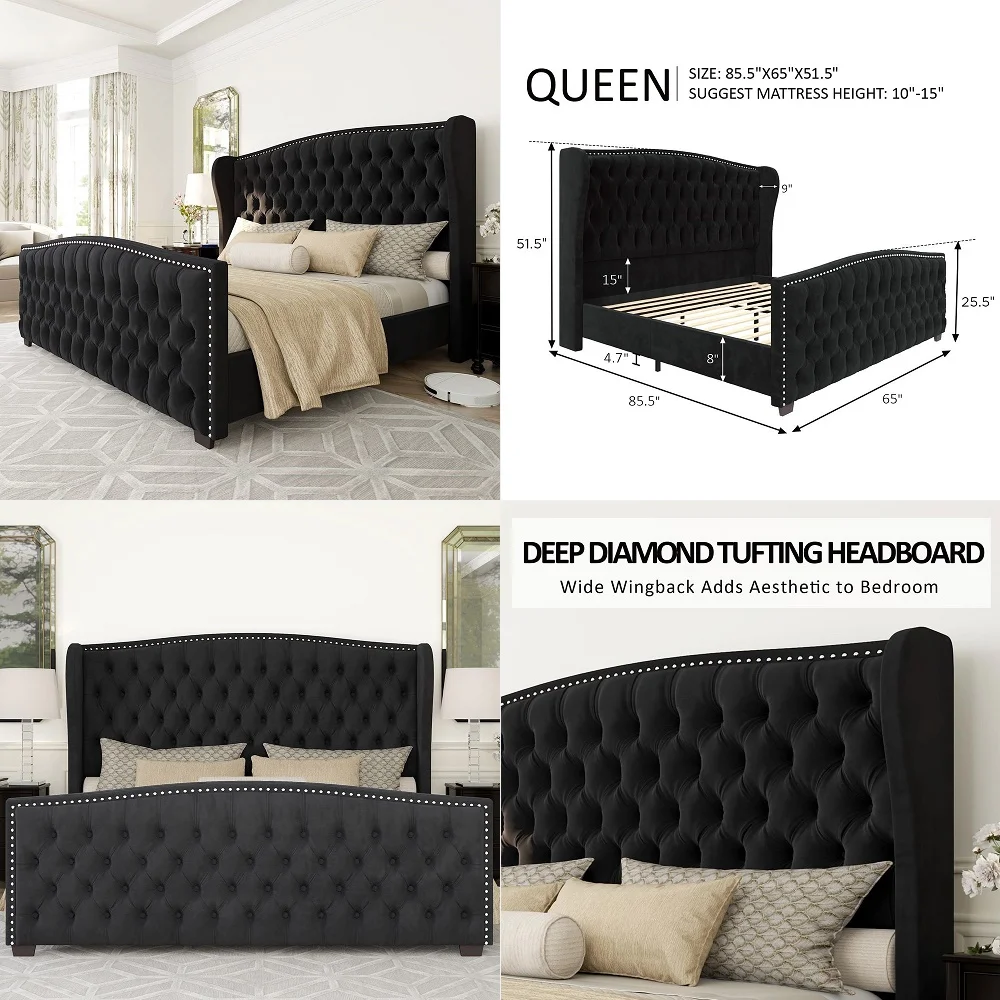 

King Size Bed Frame and 65 Headboard, Upholstered Bed with Golden Plating Trim, Modern Platform Bed No Box Spring Needed, Cream
