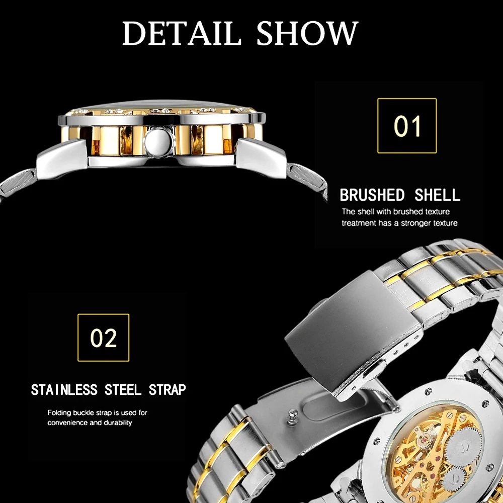 T-WINNER แฟชั่นผู้ชายลำลองโครงกระดูกนาฬิกาเครื่องกลแกะสลักตัวชี้ส่องสว่างหรูหราไรน์สโตนสีเงินผู้ชายนาฬิกาข้อมือ