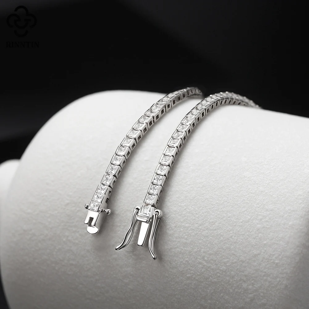 Imagem -03 - Rinntin Tênis Brilhante Pulseira 925 Prata Esterlina mm Claro Princesa Corte cz Bazel Ajuste Corrente Pulseira para Jóias Femininas Sb144