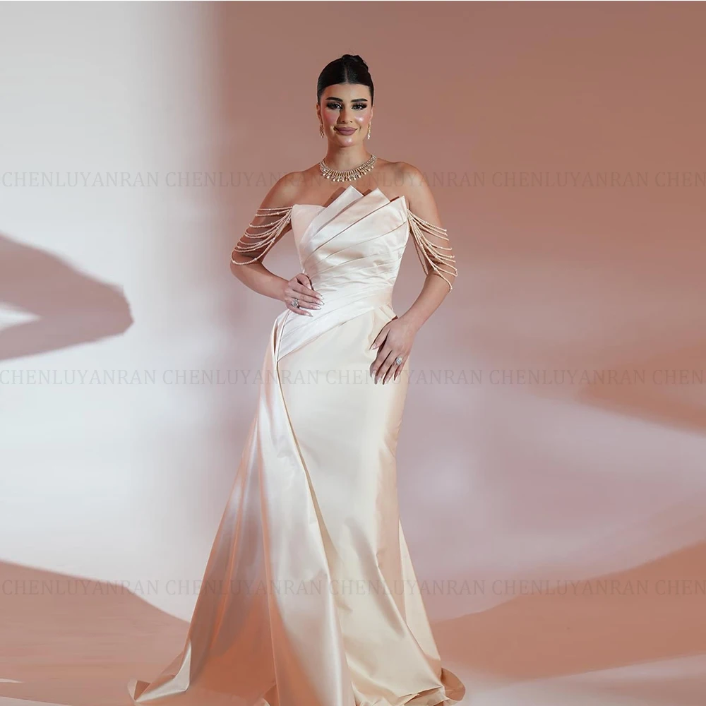 

MOLISA Customized Stunning Off-Shoulder Mermaid Evening Gown Soft Champagne Color Side Slit Flowing Train Bespoke Occasion Dress