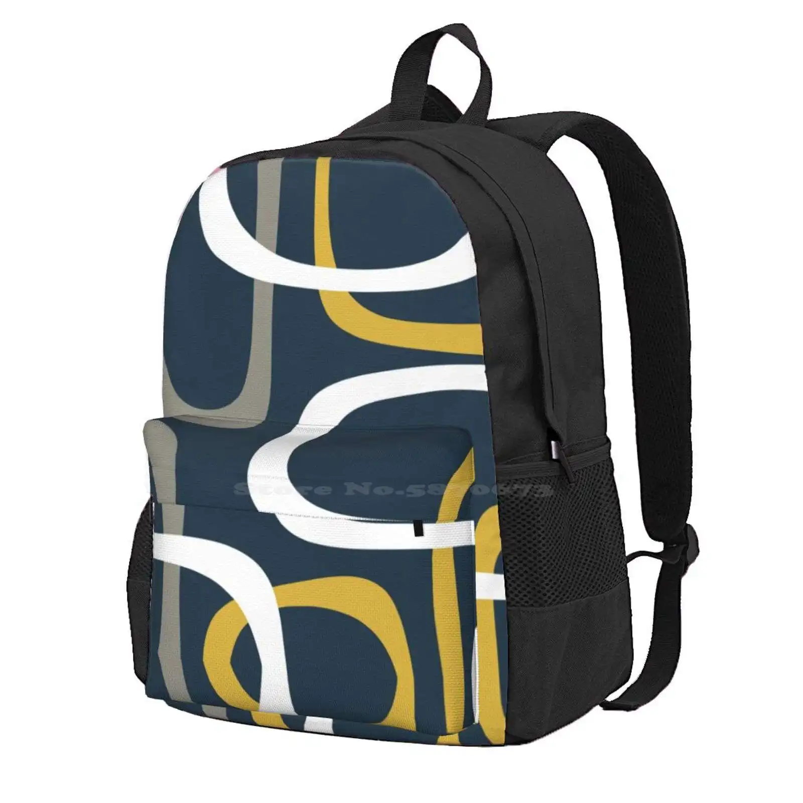 Midcentury Modern Loops Retro Pattern In Light Mustard, Grey, White, And Navy Blue Hot Sale Schoolbag Backpack Fashion Bags