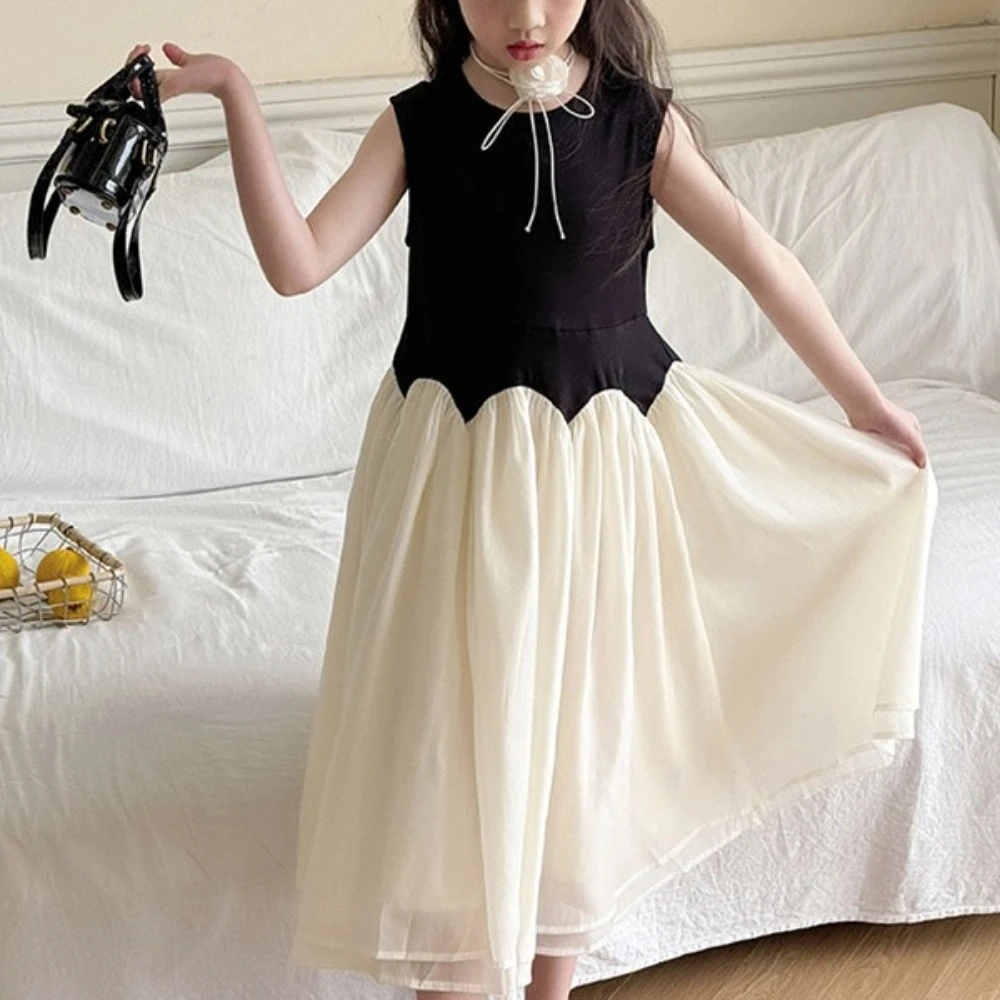 Round Neck Children Princess Dress Black White Sleeveless Kids Korean Long Dress Loose Casual Girls Splicing Mesh Skirt Party