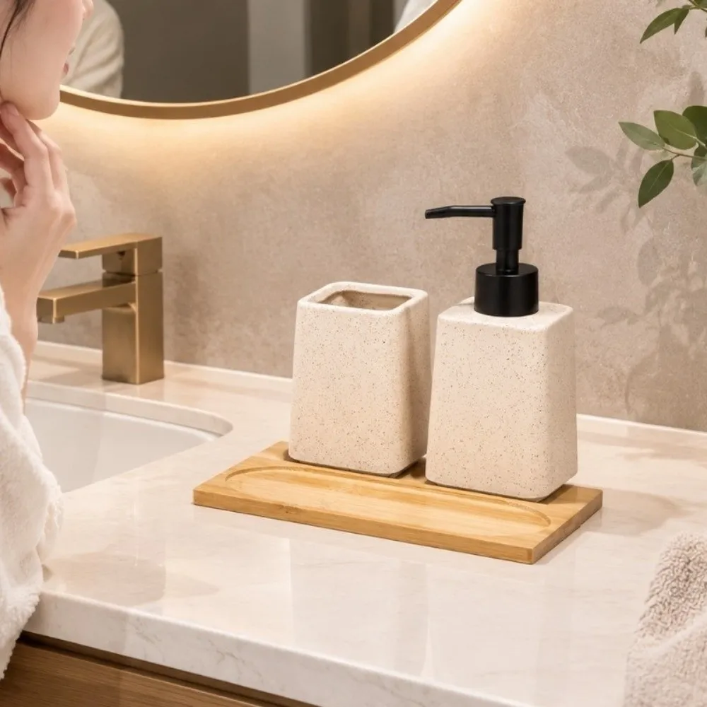 Ceramic Soap Dispenser Set Empty Press Pump Design Shampoo Bottle Dispenser Refillable with Bamboo Tray Lotion Pump Bottle