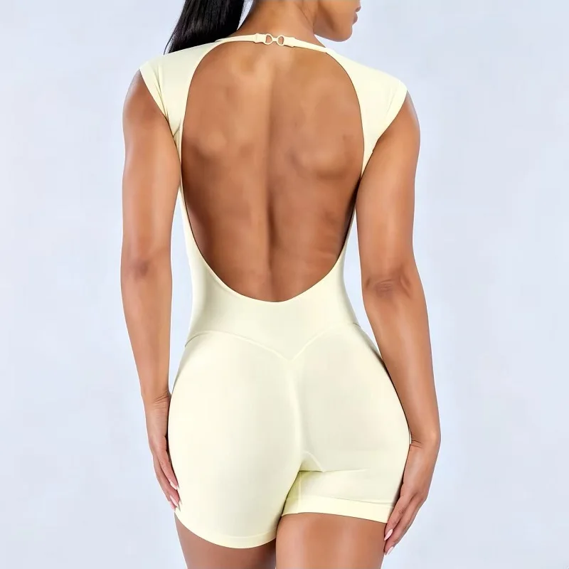 HISTELLO Impact Short Sleeve One Piece Women Backless Yoga Bodysuit Soft Stretch Butt Lift Gym Workout Athletic Romper