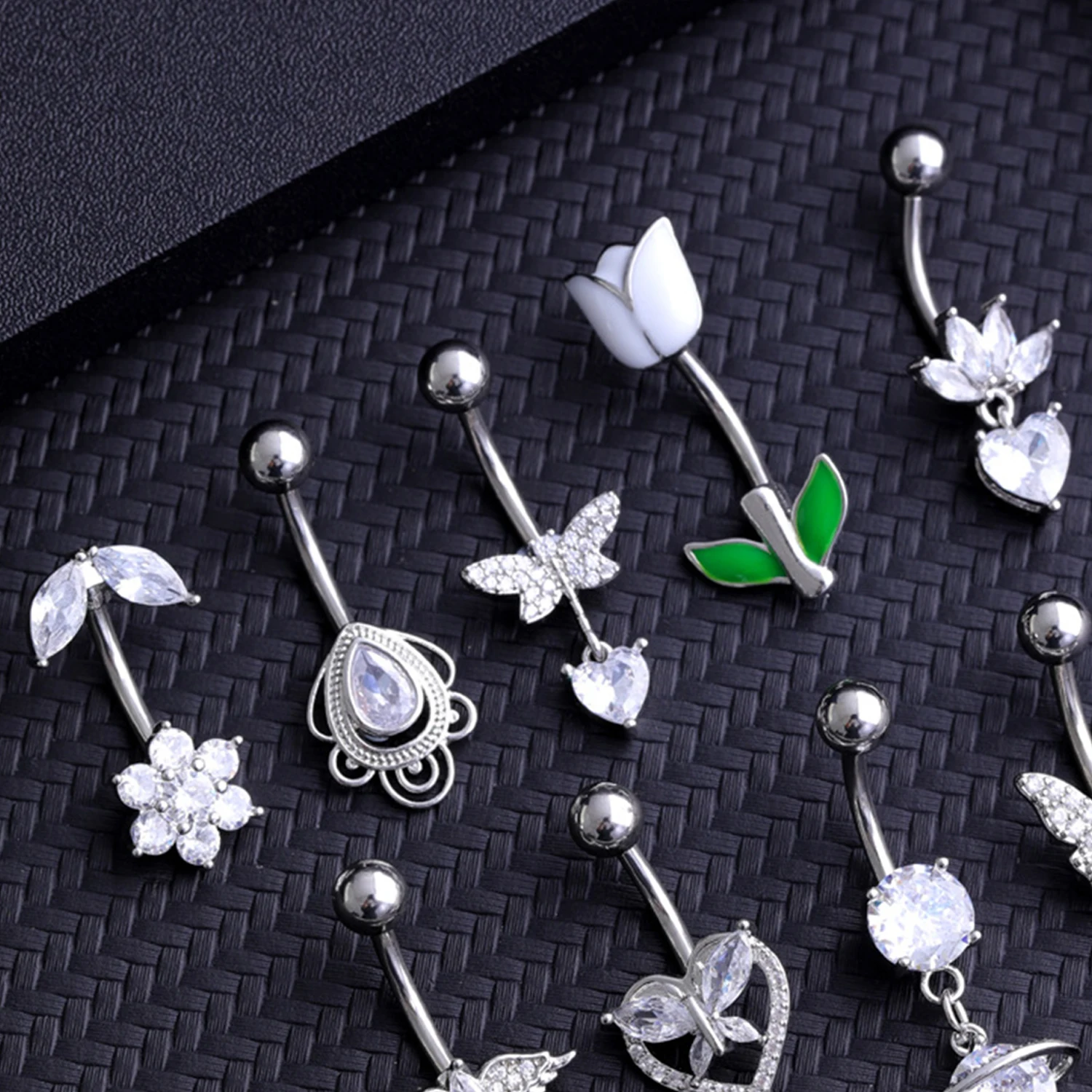 Anillos de acero inoxidable para el ombligo para mujer, Piercing de mariposa, flor de ala, circonita, joyería para el cuerpo