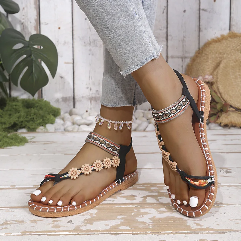 

Bohemian Style Plus-size Floral Sandals For Women, 2026 Summer New Model, Slip-on Flat Sandals With Stitched Design For The