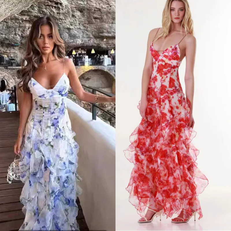 

Elegant Chiffon Floral Print Cami Dress With Ruffled Hem Sexy V Neck Backless Cami Dress Summer Fashion Women's Vacation Dress