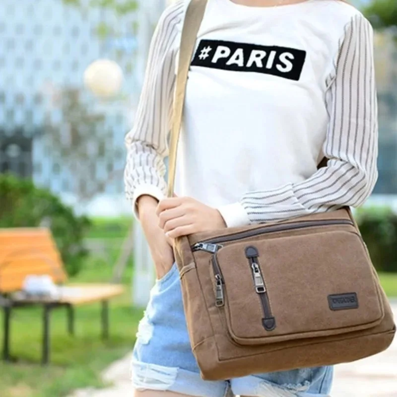 Torba na ramię typu crossbody z płótna dla kobiet i mężczyzn, retro, prosta, modna, wielowarstwowa, kwadratowa. — zdjęcie 7