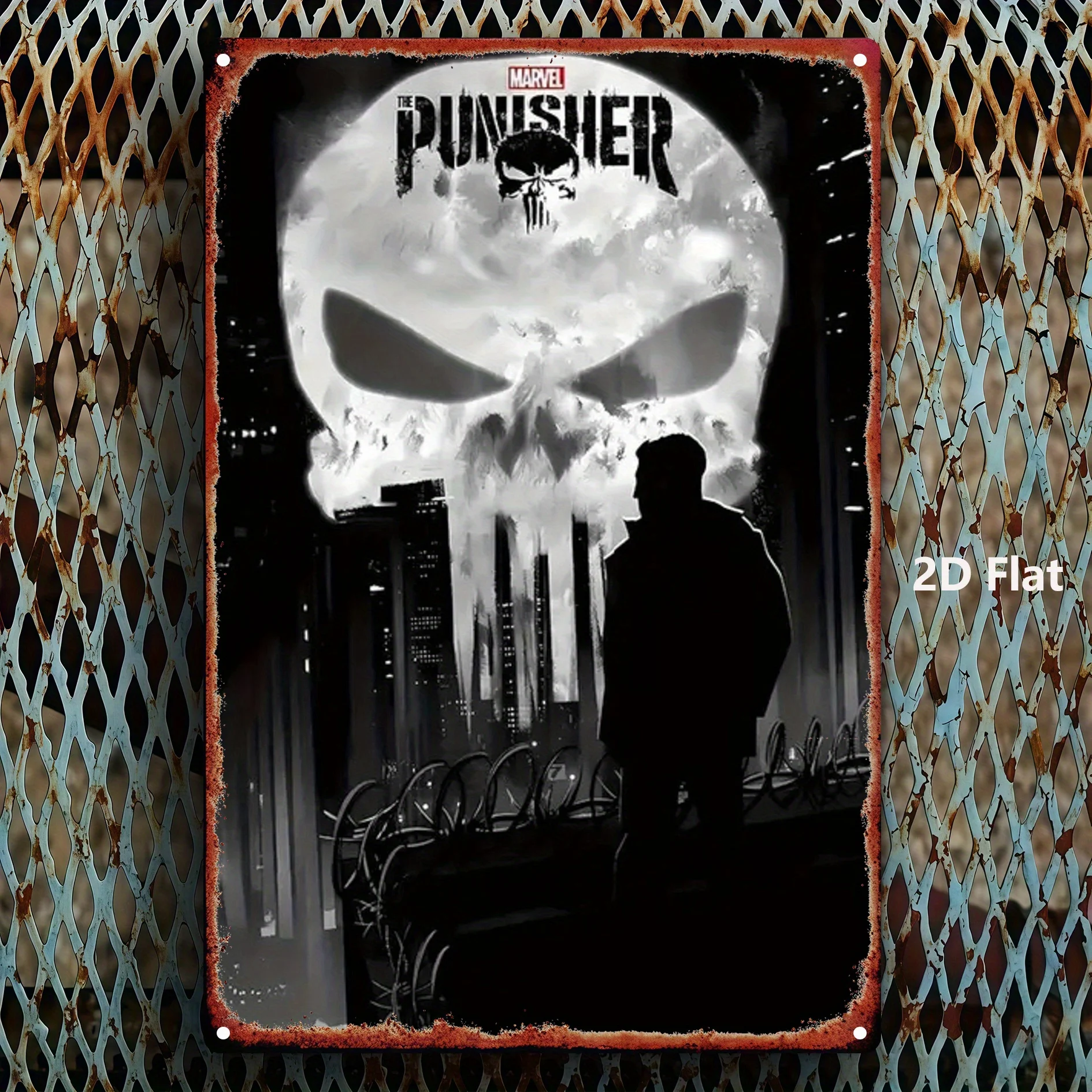 1 arte de pared de calavera de Punisher de MARVEL, póster de Metal de hierro de 8 "x 12" (20x30 cm) con diseño de horizonte de ciudad nocturna y silueta, preperforado