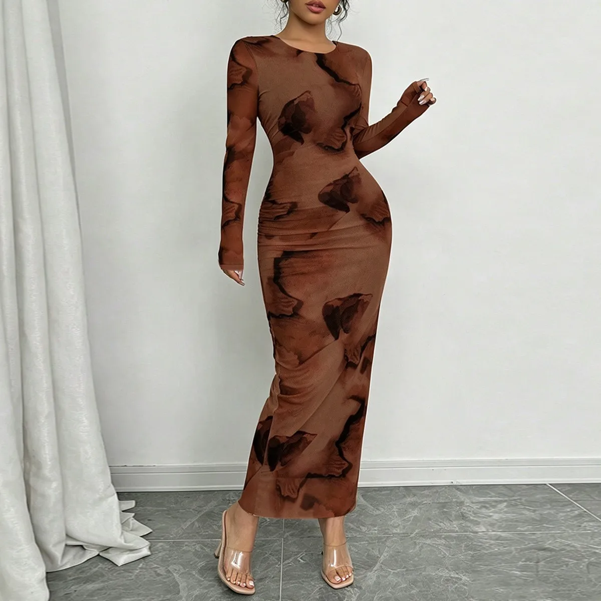 Fitted Printed Dress Mid Waist Refined Commuter with Long Sleeve Elegant and Refined Maxi Length Date Party Dresses for Women