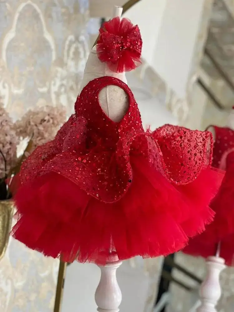 

Glitter Red Flower Girl Dress Ruffles Sleeveless Scoop Neck Cute Baby Girl Tutu Party Gown Short Graduation Kids Prom Dress