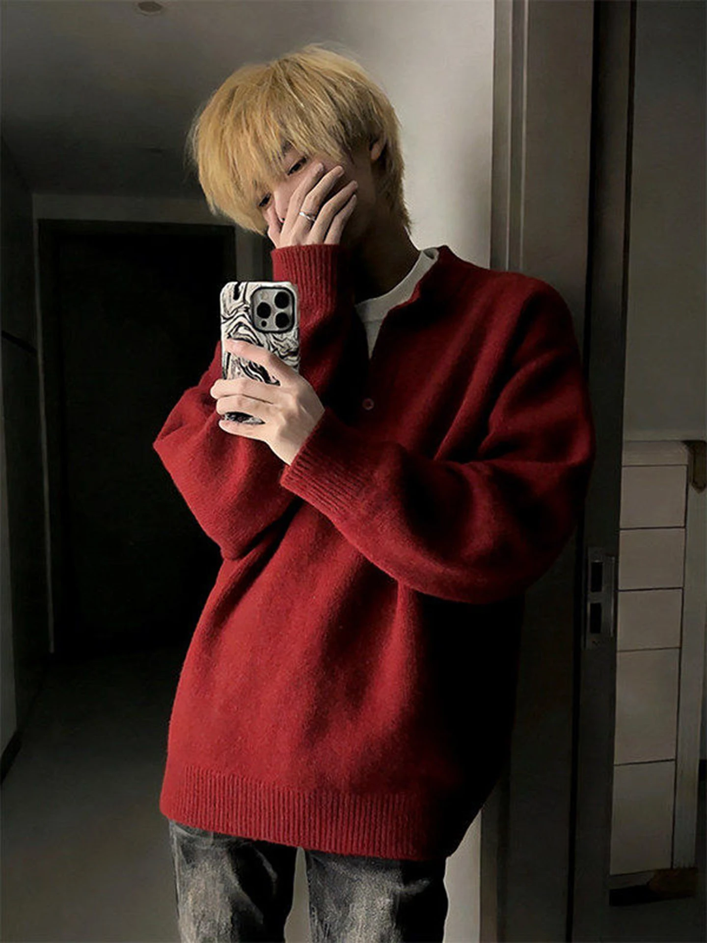 

Red Thiened Fce Lined Men's Knitwear Henry Collar Fake Two-Piece Sle Winter Warm Casual Long Sve T-irt for Youth