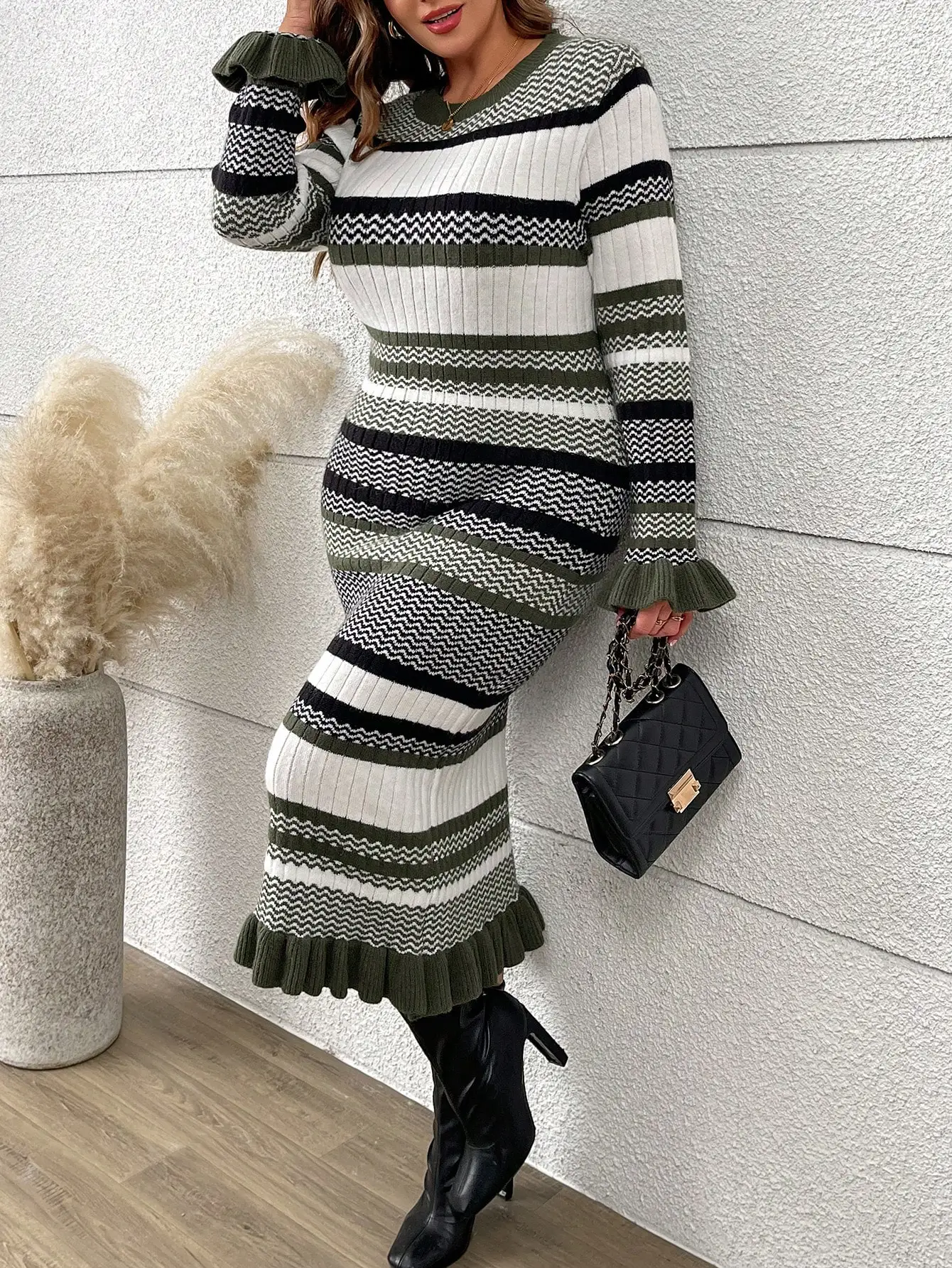 

Plus Size Striped Knit Sweater Dress with Ruffle Hem, Olive Green & Black White Pattern