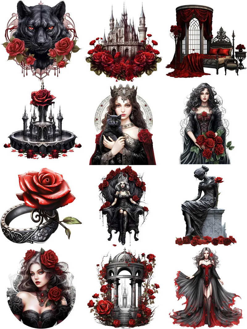 12Pcs/Pack Gothic Rose Sticker DIY Craft Scrapbooking Album Junk Journal Decorative Stickers