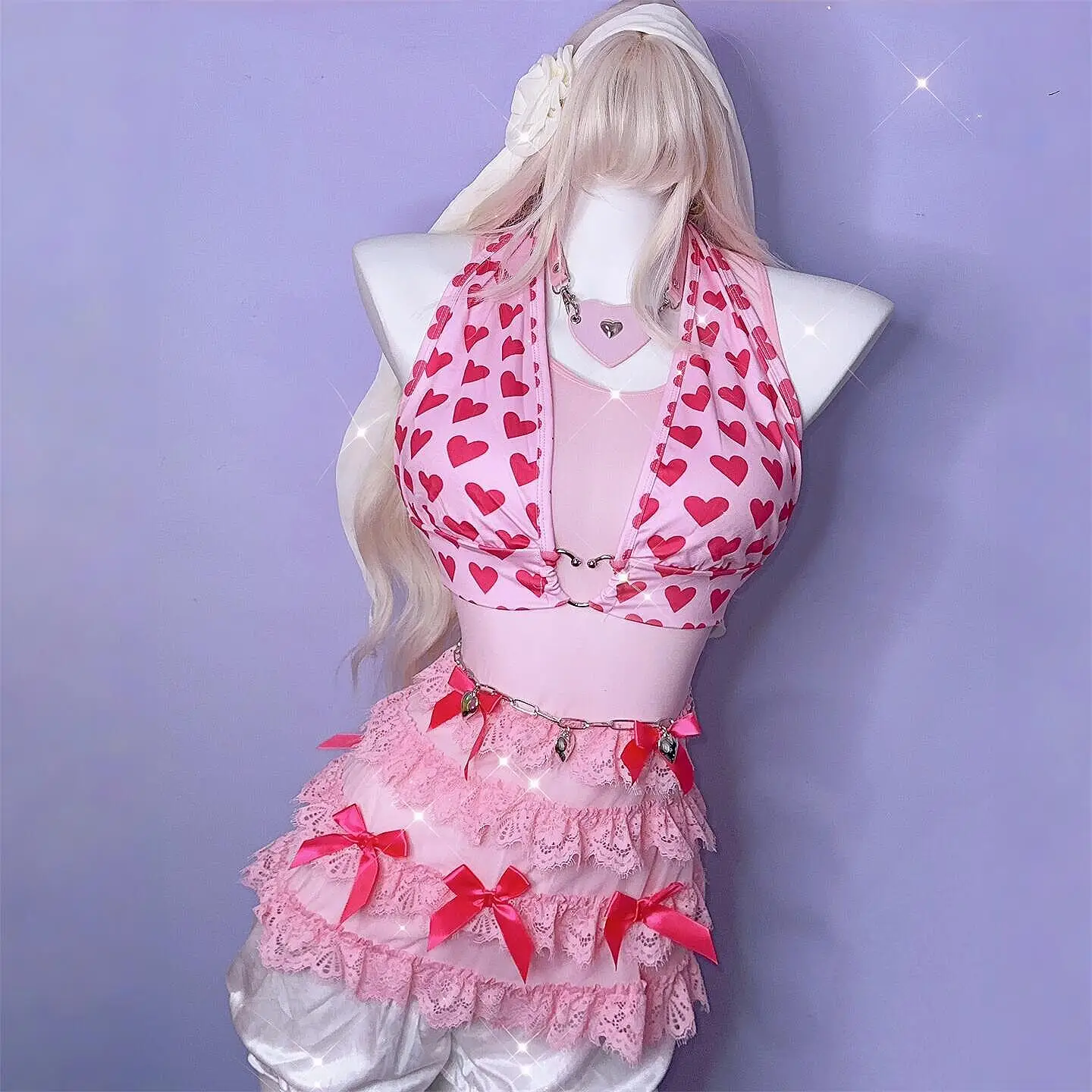 Y2K E‑Girl Aesthetic Sweet 5‑Piece Set Pink Heart Print Cute bikini Tulle Ruffled Lace Bow Vest Pumpkin Pants Waistband Necklet