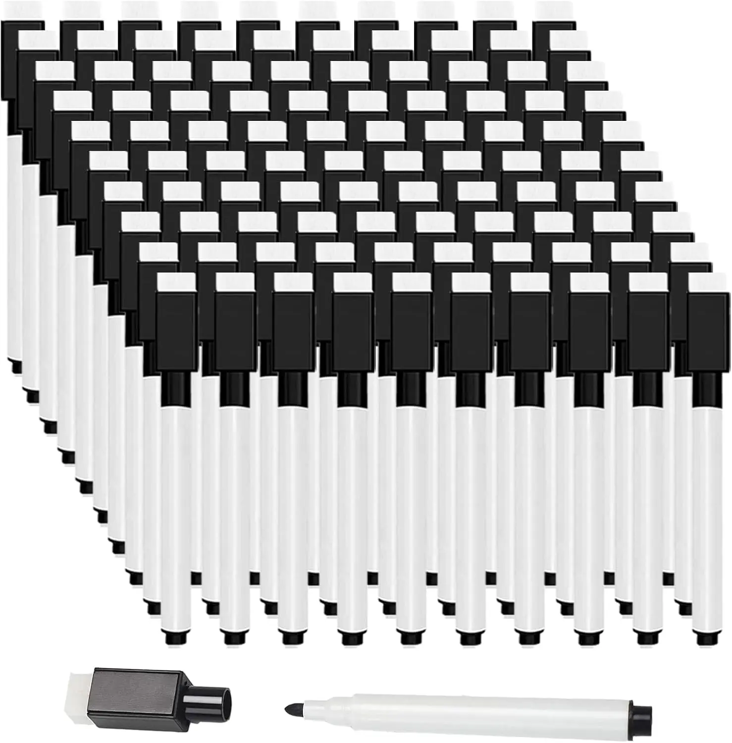 100Pcs Whiteboard Marker Pens Fine Point Tip with Eraser Cap Mini Bulk Black Dry Erase Markers for Teachers School