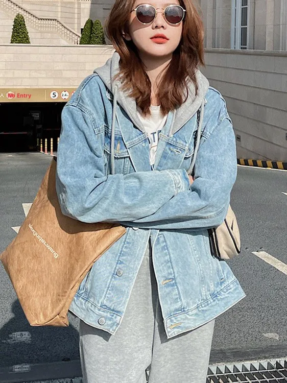 plus Size Denim Jacket with Hood Long Sleeve Women's Spring Autumn Loose Fit Casual Style Ladies Coat Button Closure