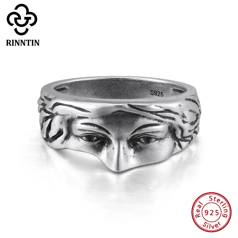 Rinntin S925 Silver Vintage Half Face Sculpture Fashion Ring Unique Design For Men Suitable for Festival Gifts & Everyday NMR18