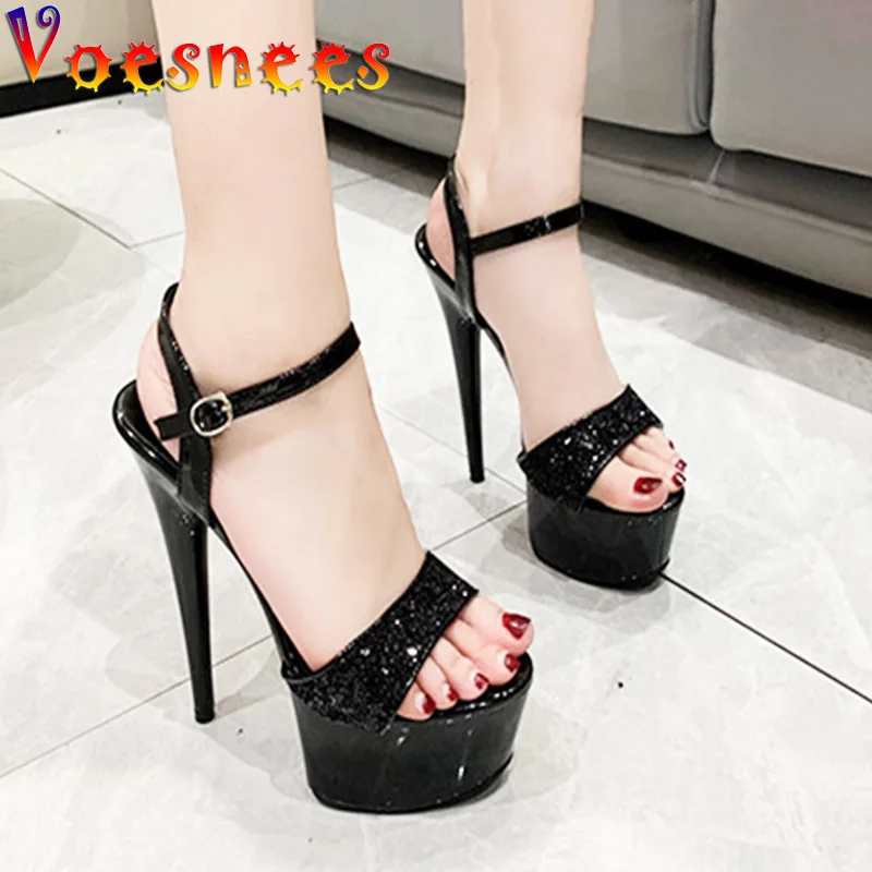 Black Platform Sandals Women\'s Party Dress Elegant High Heels Summer New Stiletto Shiny Sequins Wedding Shoes Zapatillas Mujer