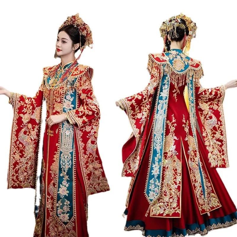 豪華な新しい頑丈な中国風の龍と鳳凰のガウンウェディングドレスクラウンレッドケープ