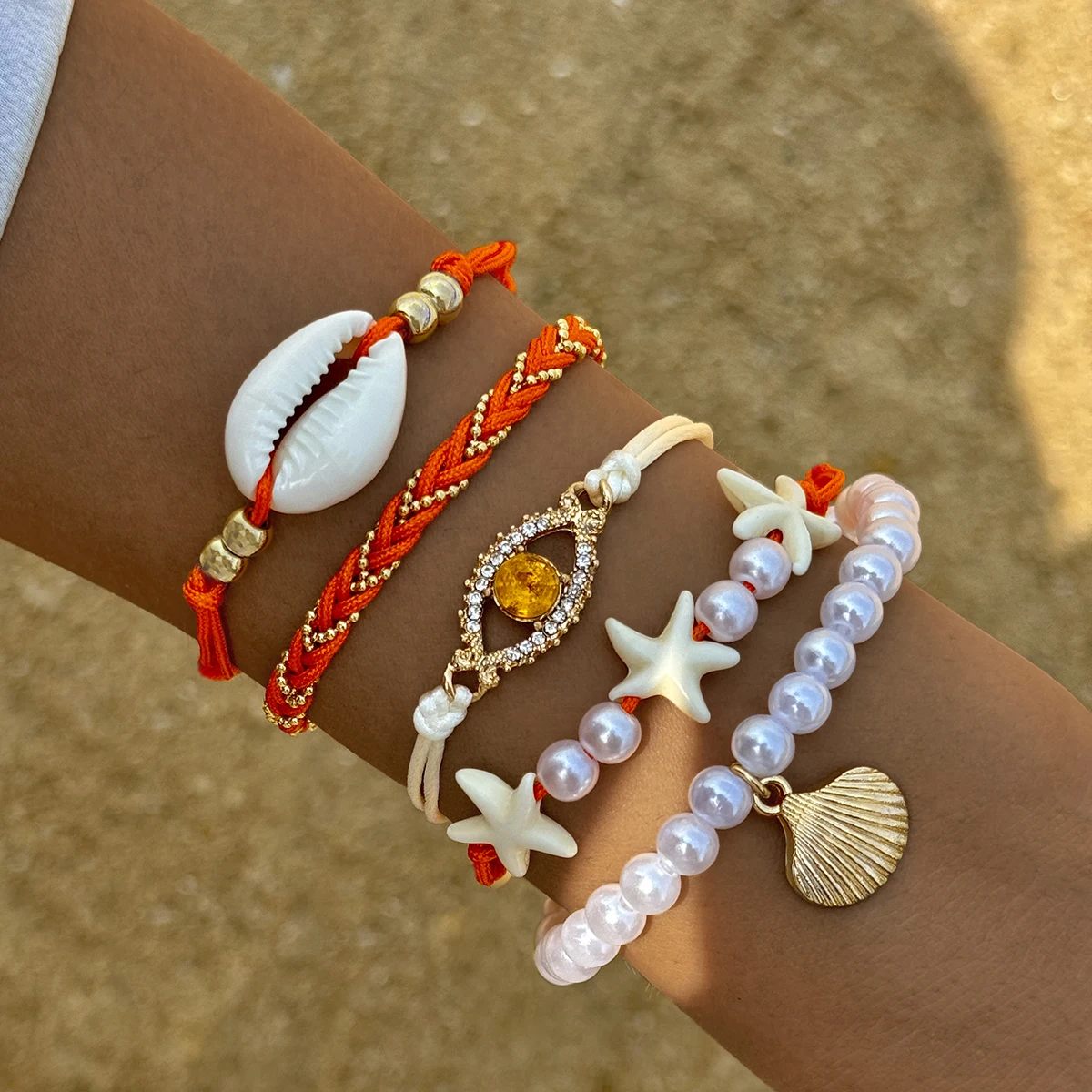 Docona Bohemian Shell Rope Bracelts for Women Luxury Crystal Stone Eyes Starfish Adjustable Beach Jewelry Holliday 5pcs/sets