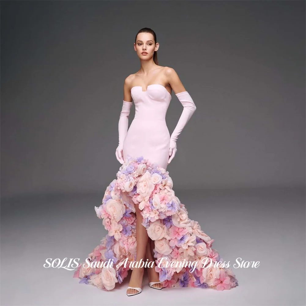 SOLIS Blush Pink Prom Dresses Strapless Evening Dresses with 3D Floral Train Party Dresses High Low Robe De Soirée Customized