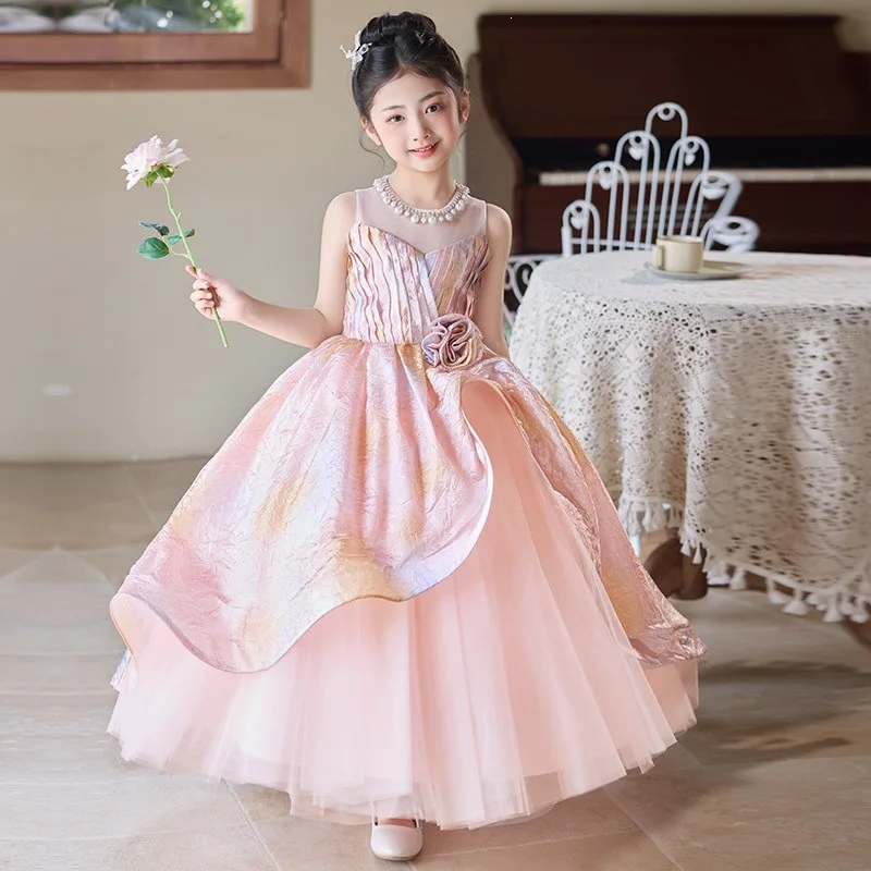 2026 Pink Children Girls Formal Host Party PrincessPerformance Elegant Pageant Costume Gown Wedding Flower Girl Kids Piano