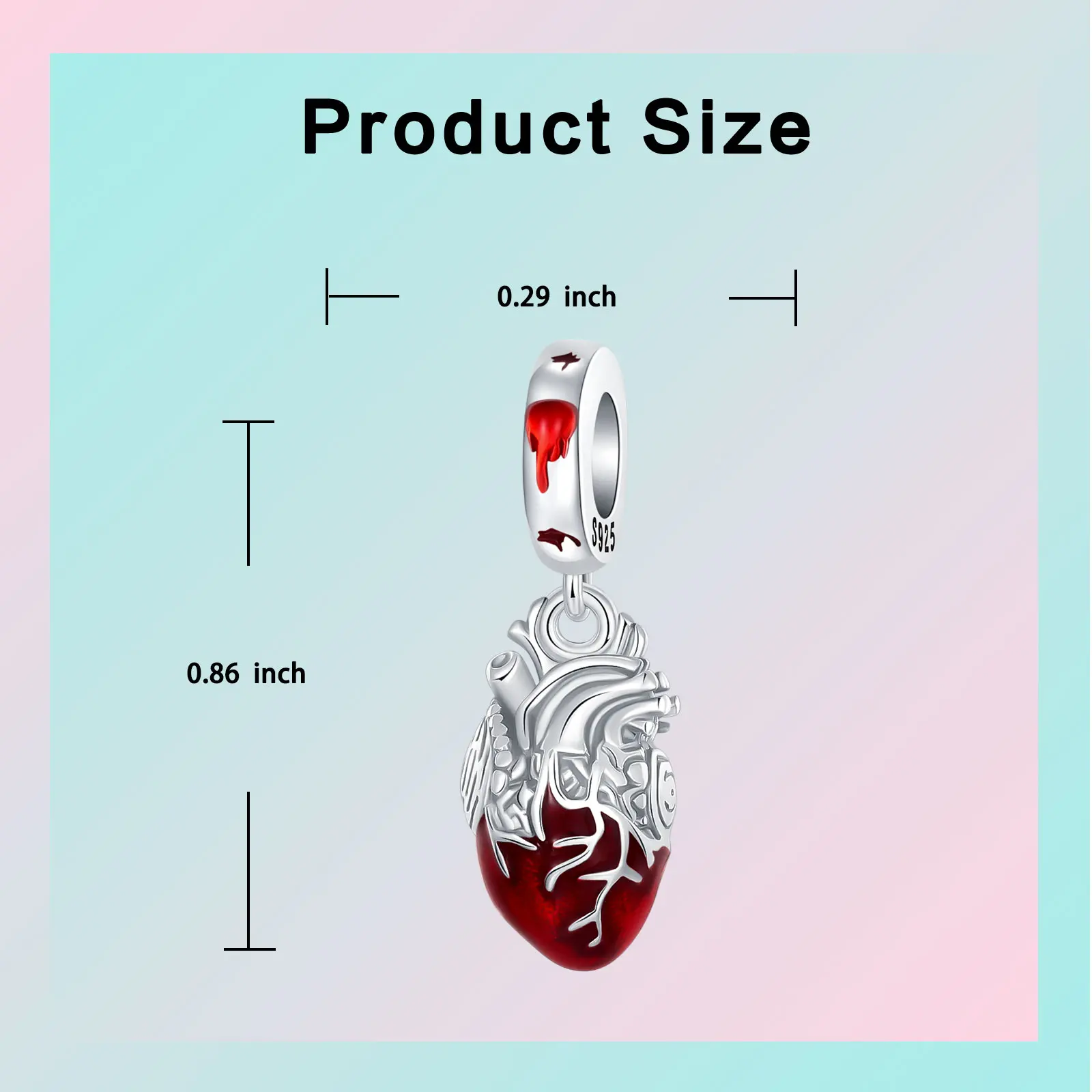 925 Sterling Silver Anatomical Heart Dangle Charm Red Enamel & Bat Engraved Bead Fit Bracelets Gothic Dark & Edgy Jewelry Gift