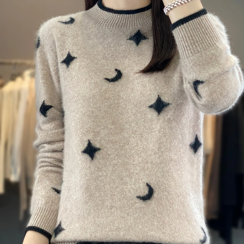 

Cashmere sweater women's new O-neck pullover in autumn and winter 2023% Merino wool jacquard top fashion Korean version