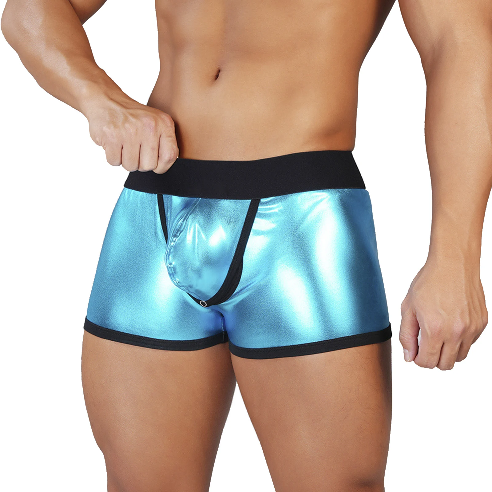 Mens Low Rise Boxer Shorts Metallic Shiny Cut Out Pouch Open Back Briefs Fancy Underwear for Couple Games Party Rave Nightclub