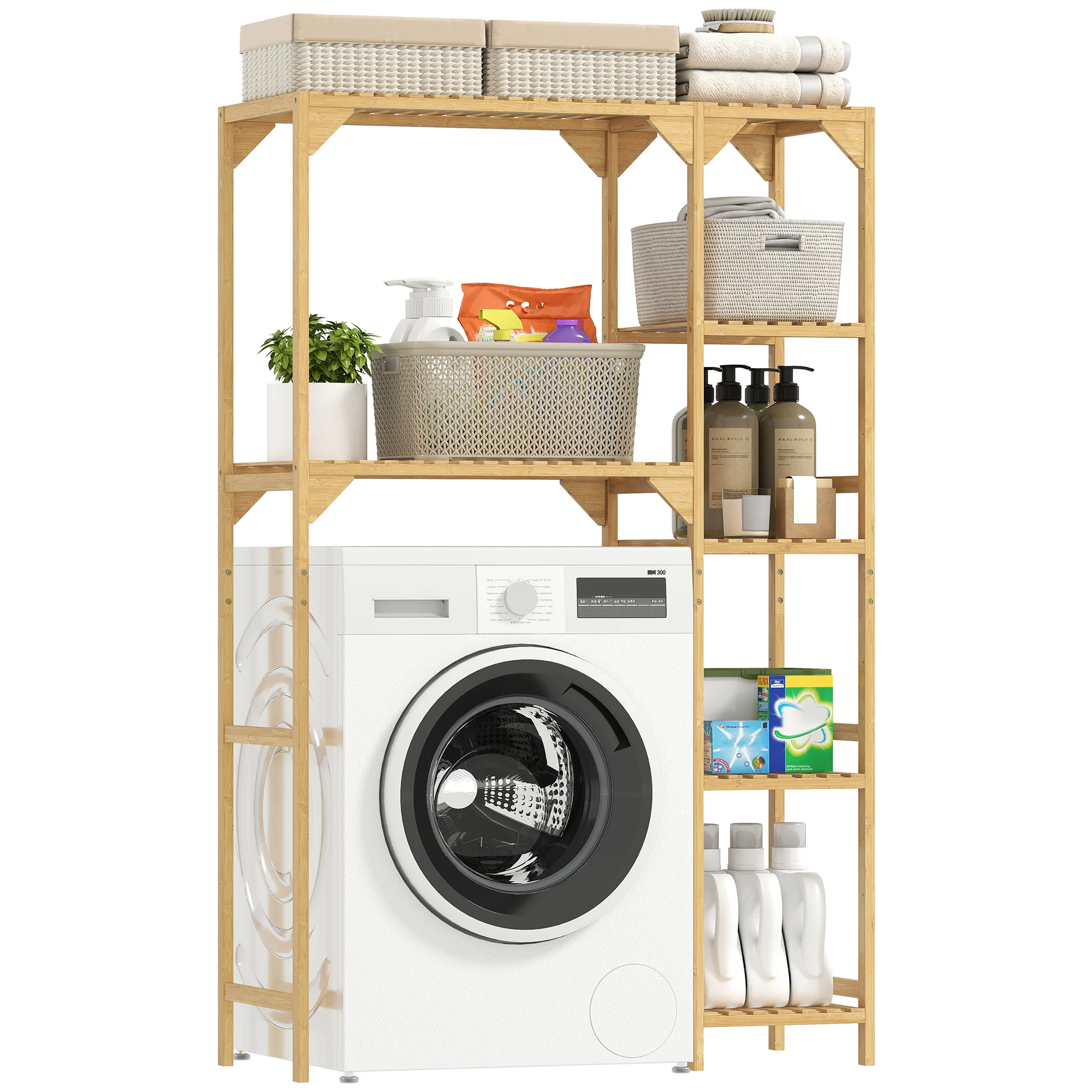 HOMCOM Estantería para Lavadora de Bambú Mueble para Lavadora o Inodoro con Estantes Reversibles y Ajustables Madera Natural