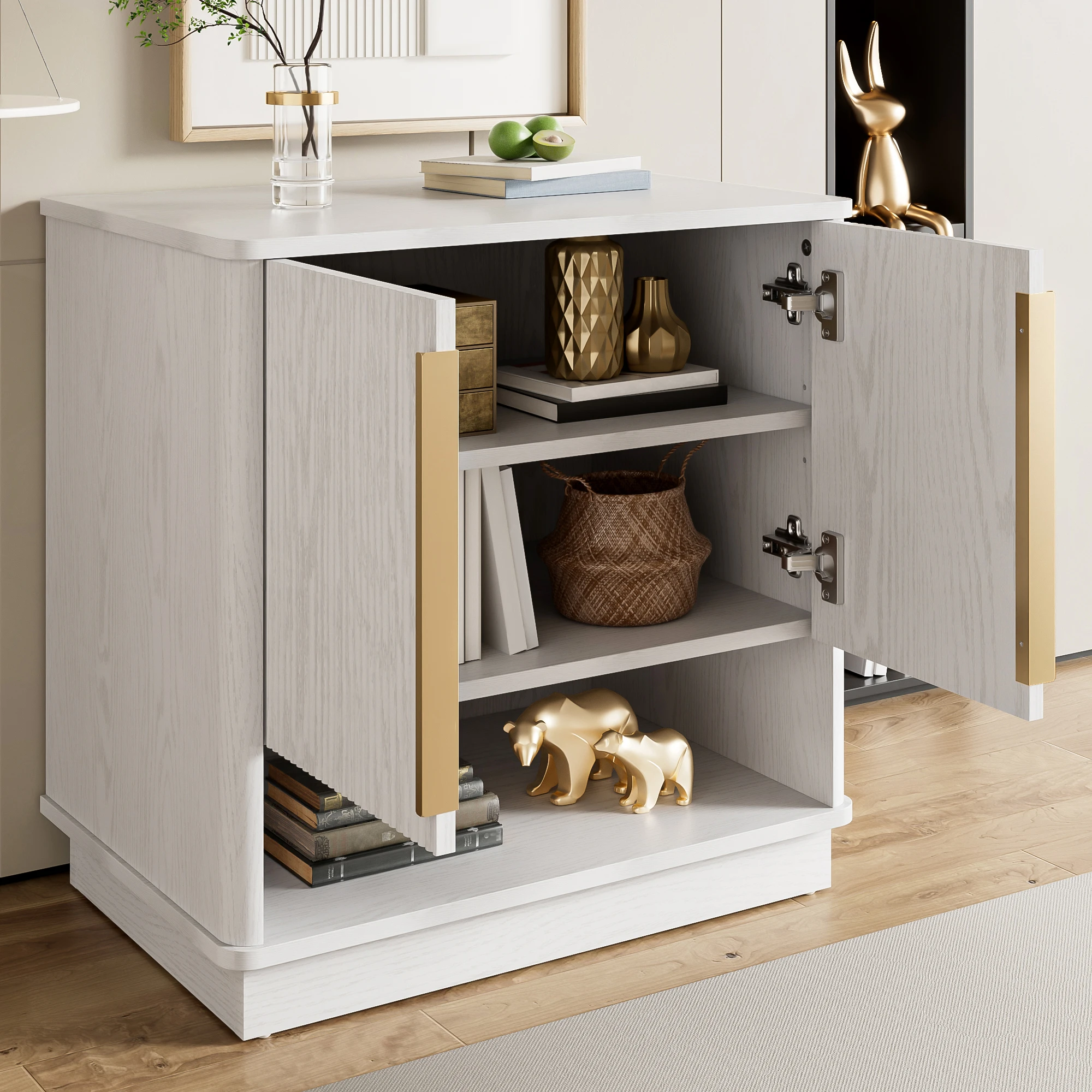 Meuble à chaussures 2 portes avec niche ouverte - LPOSPI - étagères réglables, MDF Blanc effet Bois 60 × 40 × 61 cm