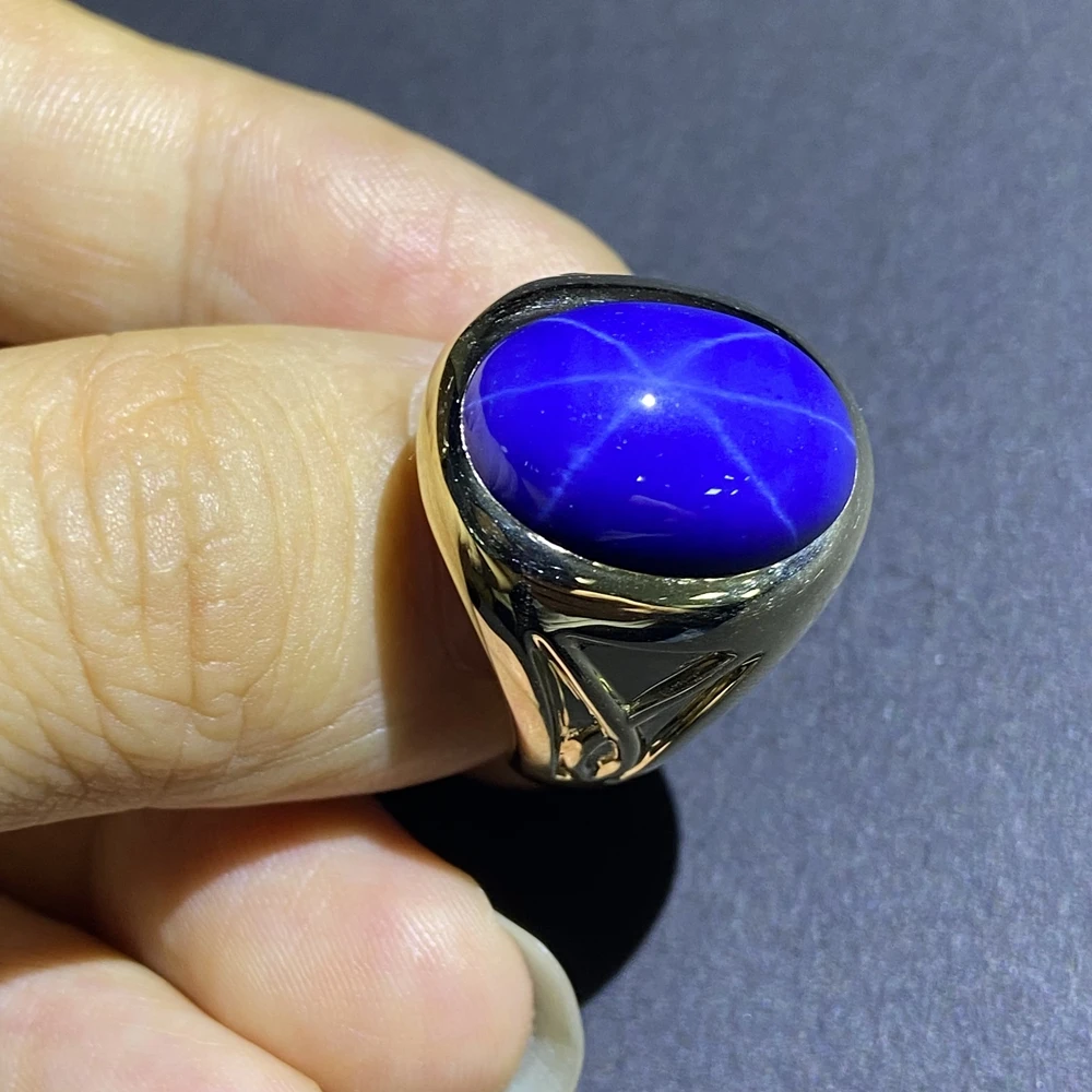 Mosangnai Real 10K Yellow Solid Gold 18x13MM Oval Shaped Star Blue Sapphire Ring For Men Jewelry