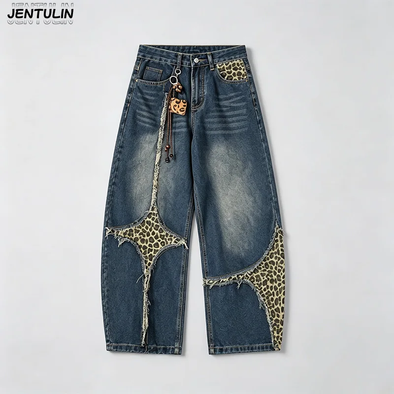 Retro Washed Leopard Print Patchwork Jeans With Frayed Edges Loose Straight leg Pants Unisex Wide Leg Curved Pants Y2k