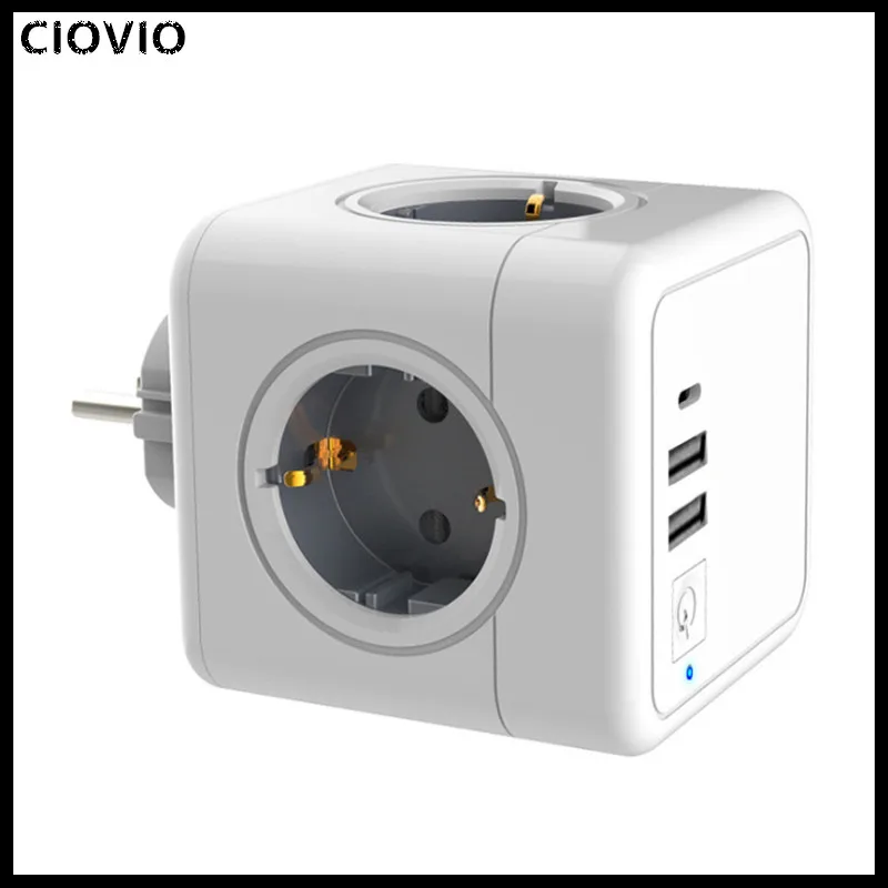 

CIOVIO Power Strip Eu Thief Plug with 5V 2.1A Usb 4 Outlet Powercube Power Adapter Multiple Socket Smart Terminal Strip European