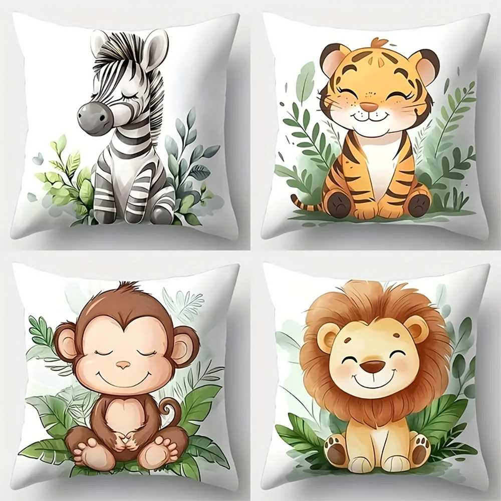 1pc Jungle Safari Cute Animals Throw Pillow Covers for Kids Nursery 2D Flat Printing Machine Washable