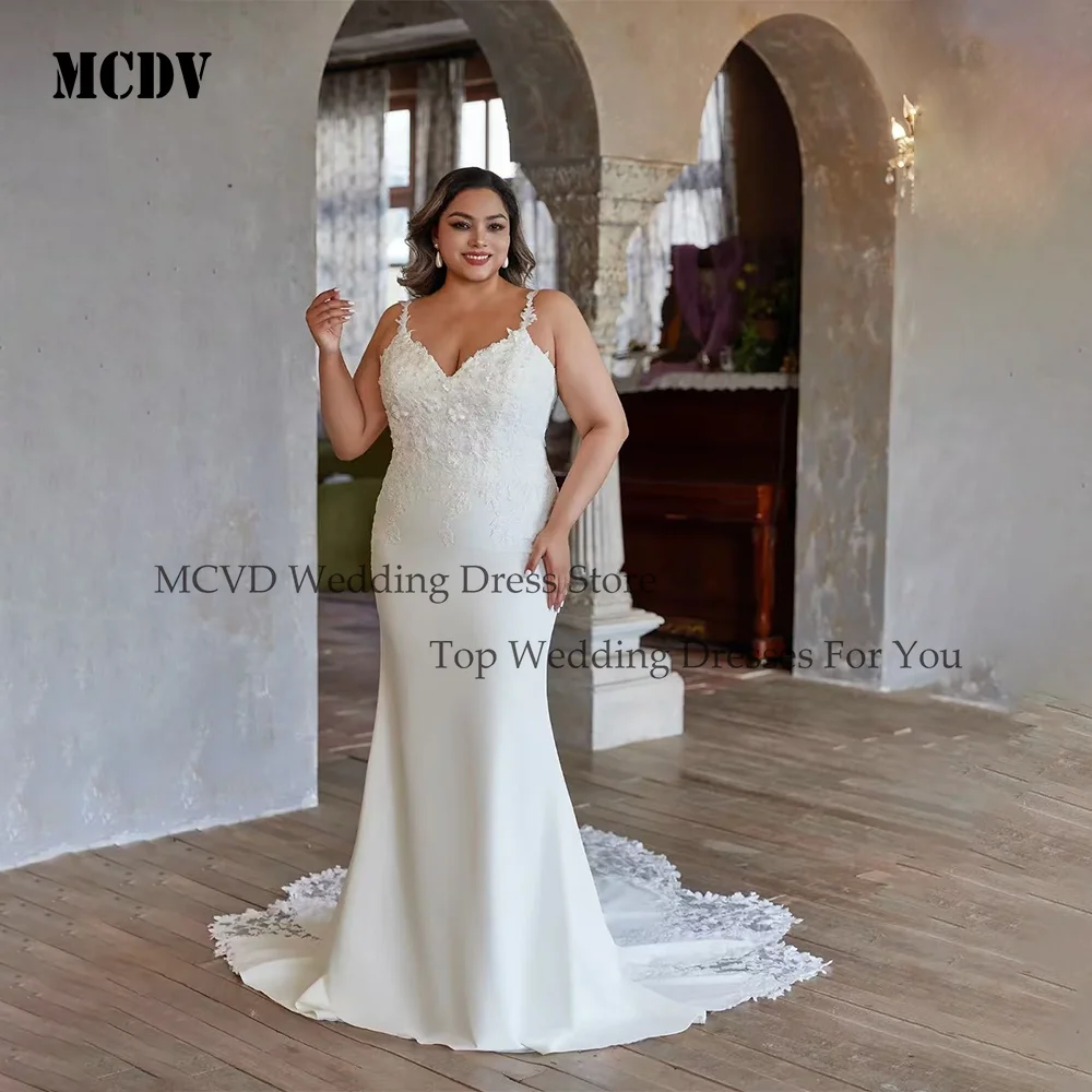 

MCDV Backless Applique Wedding Dresses for Woman Bridal V-neck Spaghetti Straps Mermaid Plus Size Vestido de Novia Customized