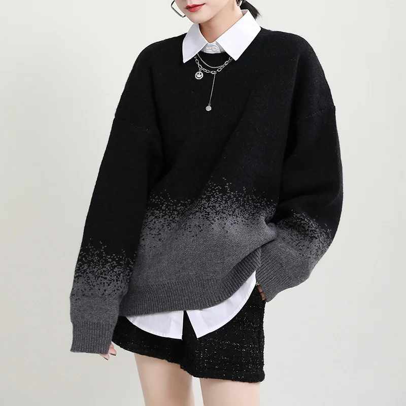 Gradient Sweaters Women Autumn Winter Loose Pullovers Thin Mid-length Jumpers Round Neck Knit Graffiti Dolman-sleeve Outerwear